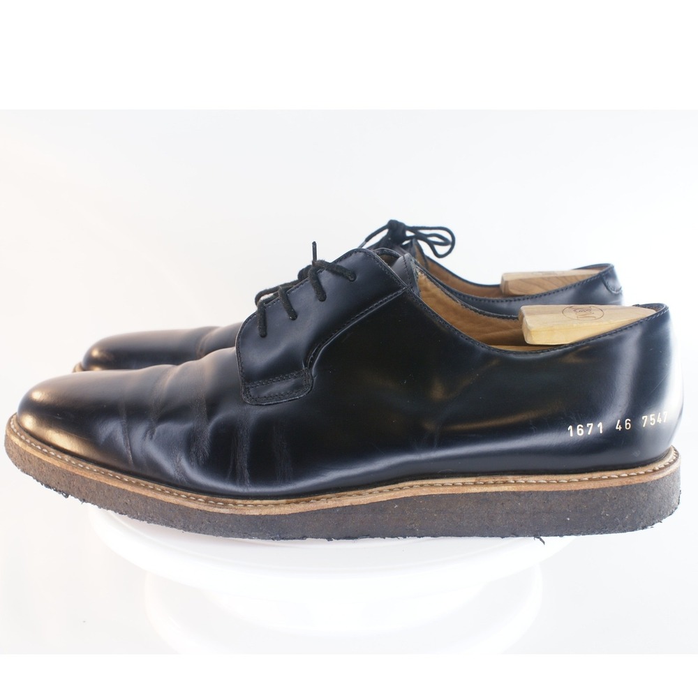 Common Projects Black Leather Derby Shoes EU46 US13 Made in Italy Crepe Sole